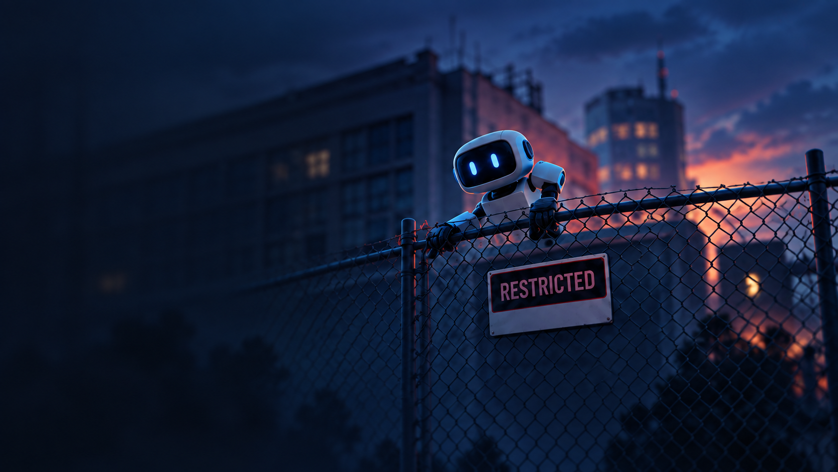 Editorial illustration of a small robot climbing a chain-link fence marked restricted at dusk.